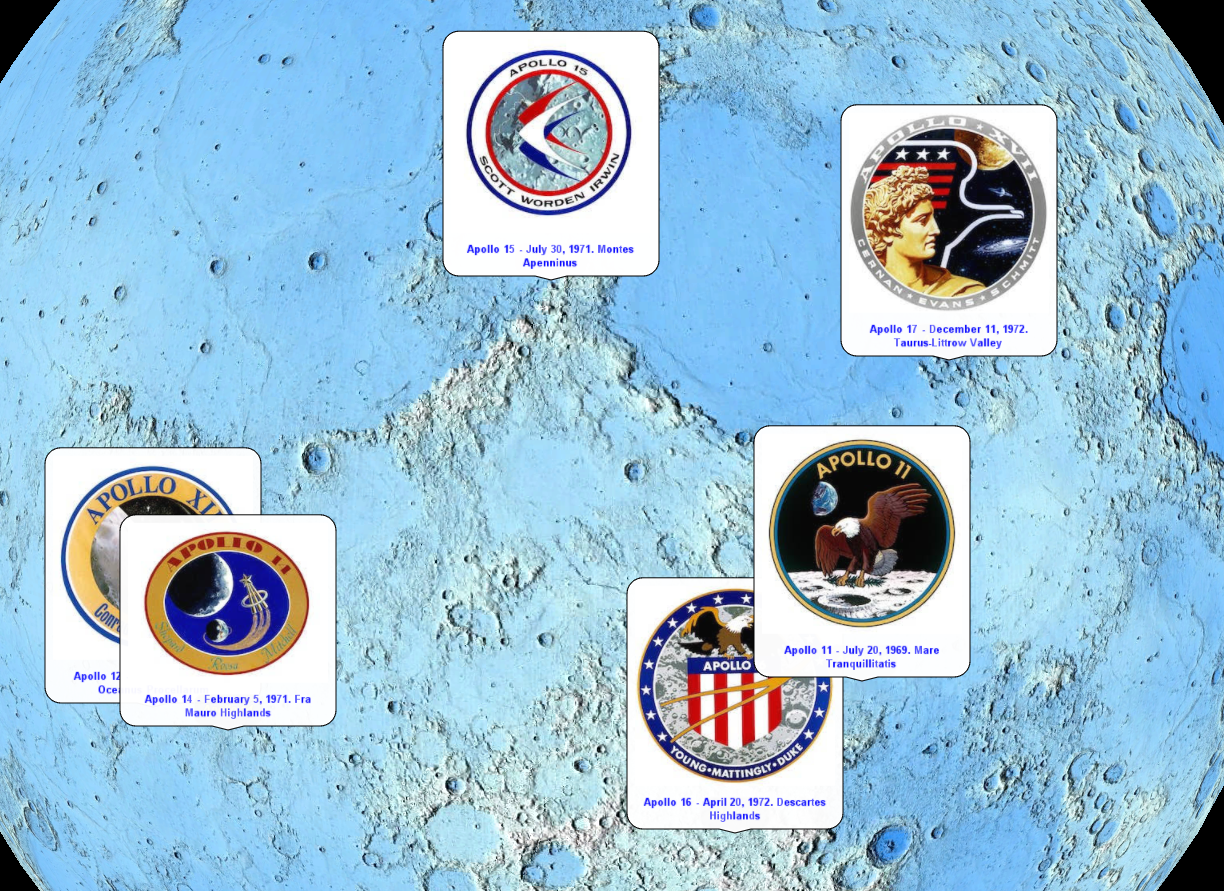 Apollo Landing sites with annotations on the lunar surface showing location and mission badges.
